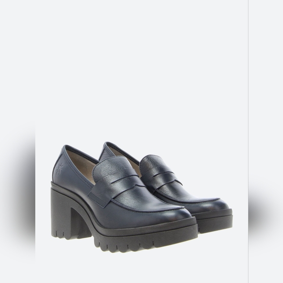 Fly London Tokyo 803 Lugged Sole Leather Loafer Heels Dublin Denim Sz 39 - Picture 6 of 11